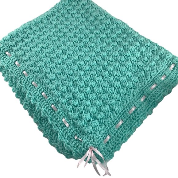 Handmade Crochet Sea Green Baby Blanket Ribbon Detail Scalloped Edge 41" X 34" - Picture 1 of 6